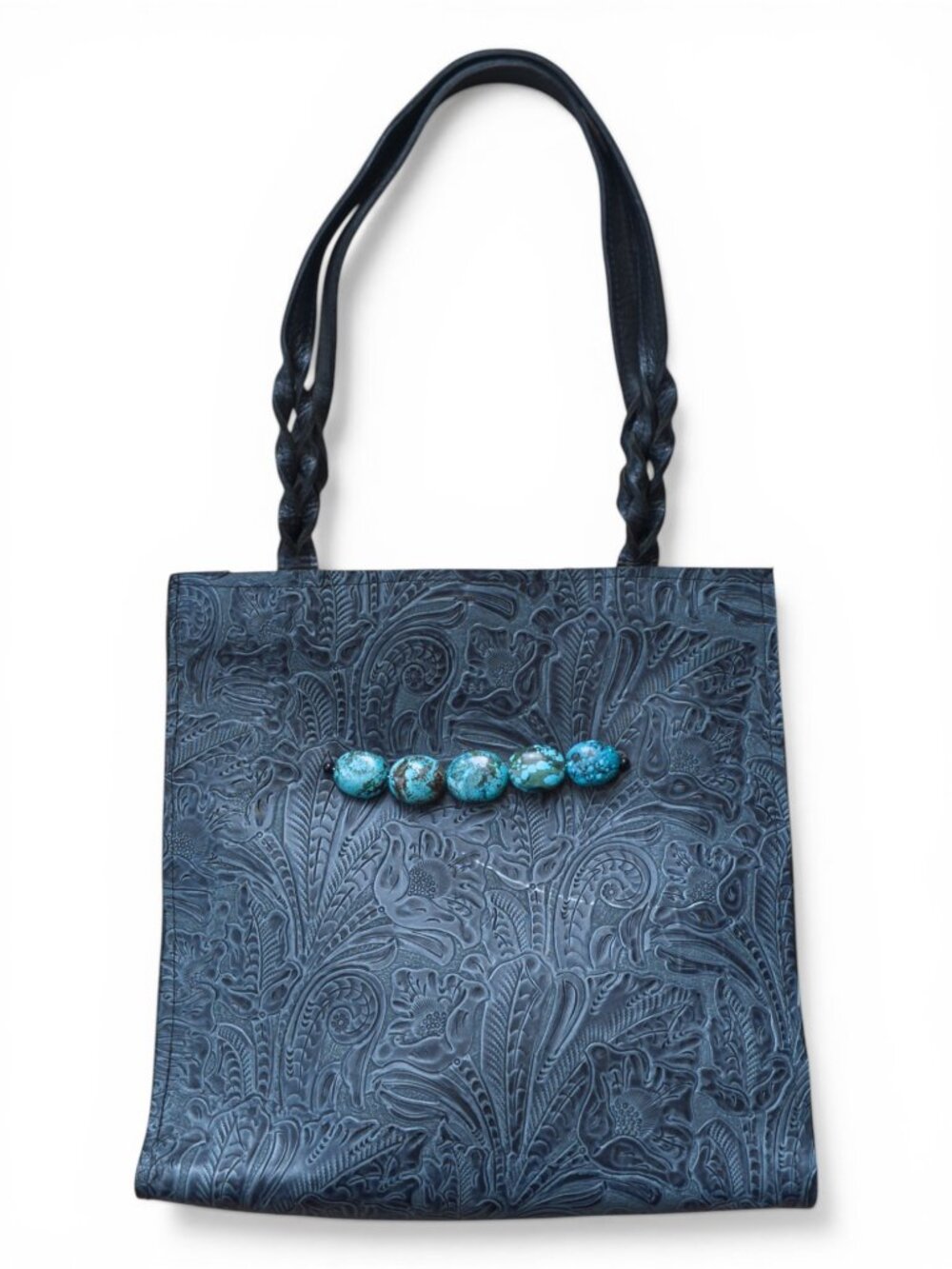 Paige Wallace Tooled Leather Tote, Turquoise Stones, Black & Grey